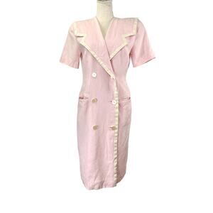 Vintage 90s Statement Lapel Midi Dress Pink Charter Club Linen Blend Secretary